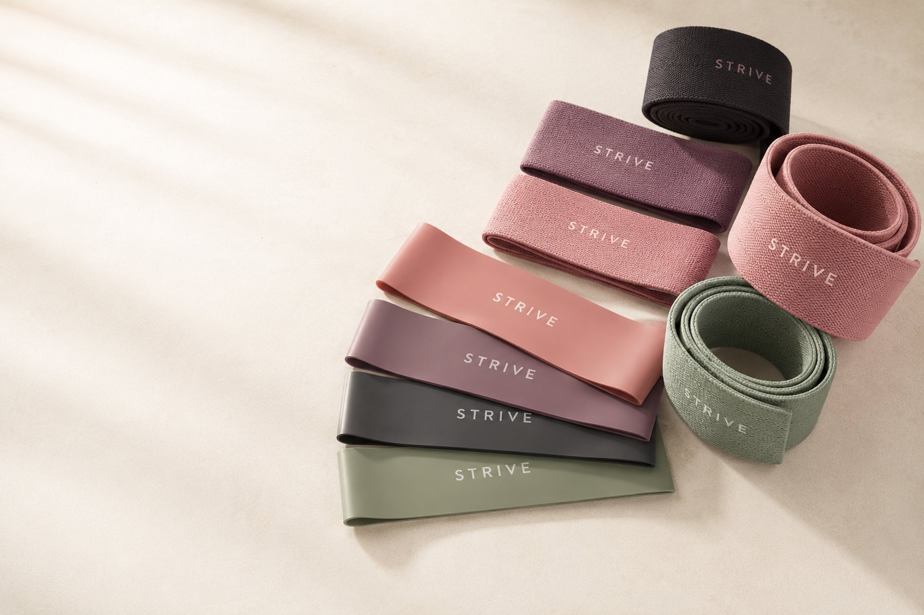 Custom booty bands printed with a logo, in a range of resistance levels and colors